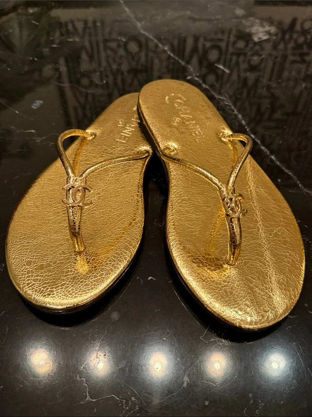 CHANEL Metallic Gold Leather Thong Sandals with Double CC Logo